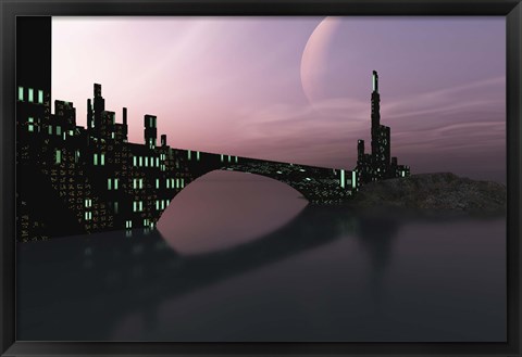 Framed City Relection in Calm Waters of Another Galaxy Print