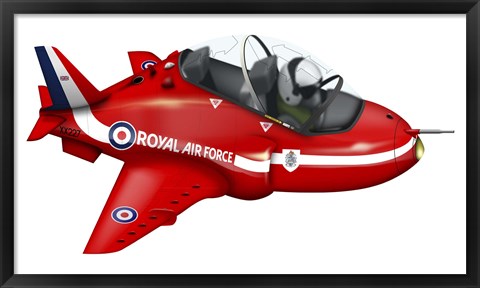 Framed Cartoon illustration of a Royal Air Force Red Arrows Hawk airplane Print