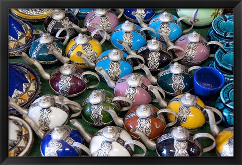 Framed Morocco, Casablanca, market, Ceramic tea pots Print
