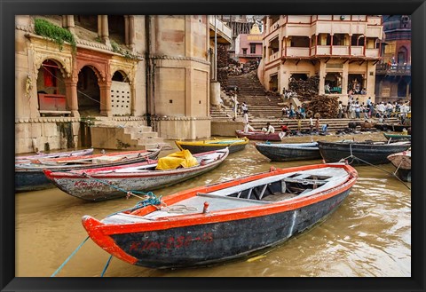 Framed Boats on River Ganges, Varanasi, India Print