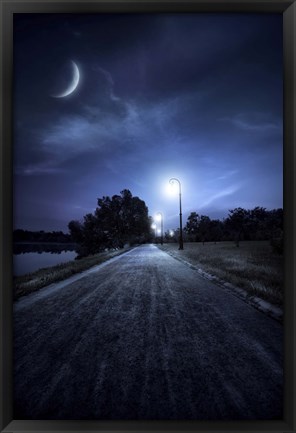 Framed road in a park at night against moon and moody sky, Moscow, Russia Print