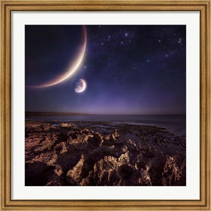 Framed Rising plantes hover over ocean and rocky shore against starry sky Print