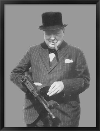 Framed Sir Winston Churchill with a Tommy Gun Print
