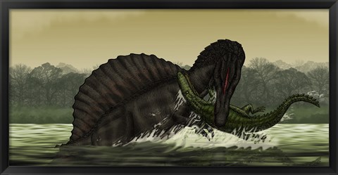 Framed Spinosaurus Catches a Young Stomatosuchus Print