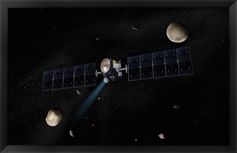 Framed Artist&#39;s Concept of the Dawn Spacecraft in Orbit around the Large Asteroid Vesta and the Dwarf Planet Ceres Print