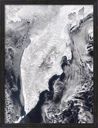 Framed Satellite view of Kamchatka Peninsula, Eastern Russia Print