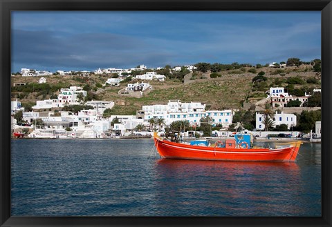 Framed Greece, Cyclades, Mykonos, Hora Harbor view with Greek fishing boat Print