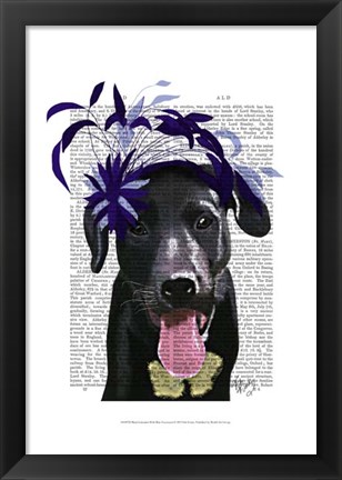 Framed Black Labrador With Blue Fascinator Print