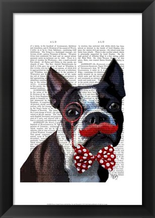 Framed Boston Terrier Portrait with Red Bow Tie and Moustache Print