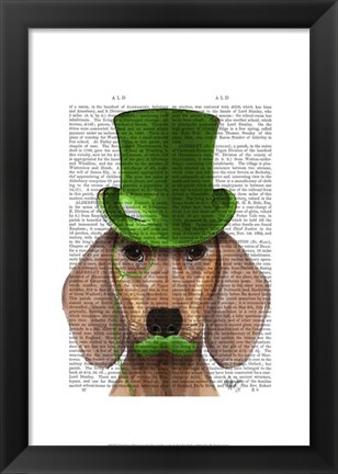 Framed Dachshund With Green Top Hat and Moustache Print