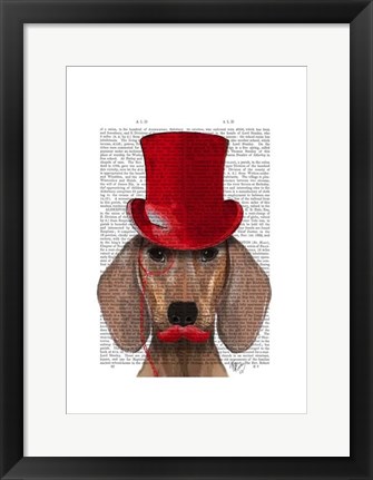 Framed Dachshund With Red Top Hat and Moustache Print