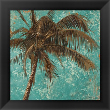 Framed Palm on Turquoise I Print