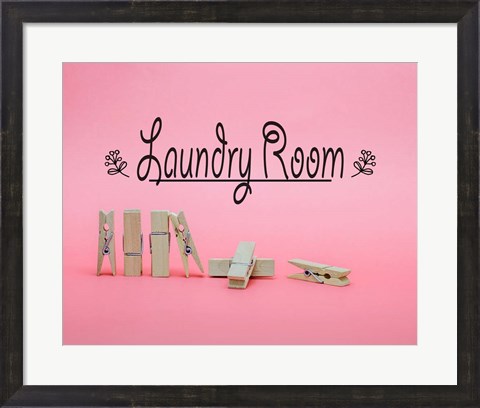 Framed Laundry Room Sign Clothespins Pink Background Print