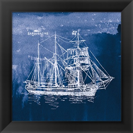 Framed Sailing Ships III Indigo Print