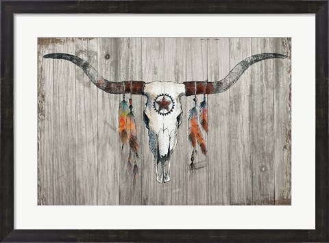 Framed Longhorn on Dark Gray Wood Print