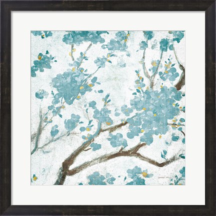 Framed Teal Cherry Blossoms I on Cream Aged no Bird Print