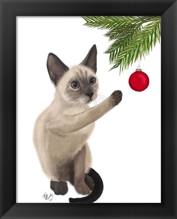 Framed Siamese Cat and Bauble Print