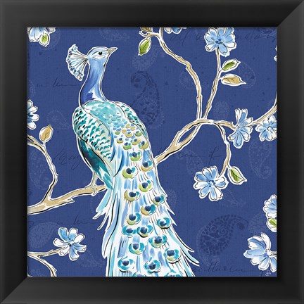 Framed Peacock Allegory III Blue Print