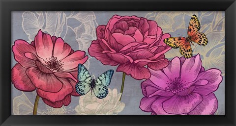 Framed Roses and Butterflies (Ash) Print