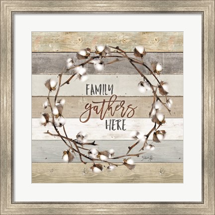 Framed Family Gathers Here Cotton Wreath Print