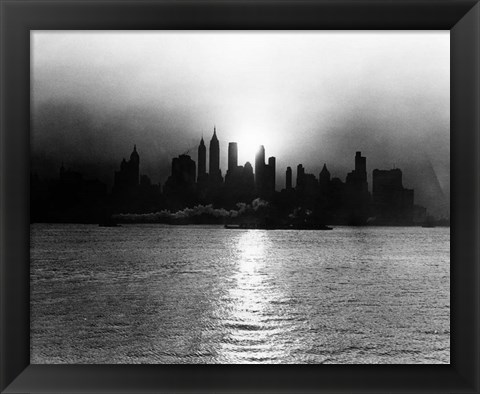Framed 1930s 1940s Morning Misty Sunrise Silhouette Print