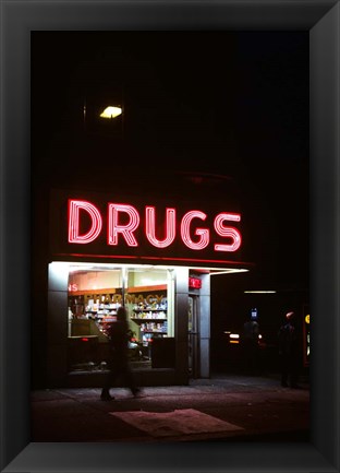 Framed 1980s Drug Store At Night Pink Neon Sign Print