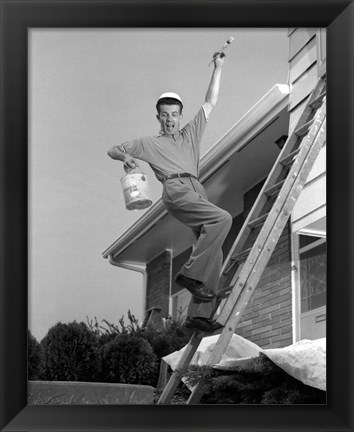 Framed 1960s Man Falling Off Of Ladder Print