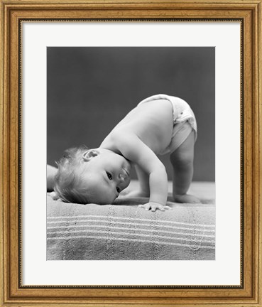 Framed 1940s Baby Bending Down With Head On Blanket Print