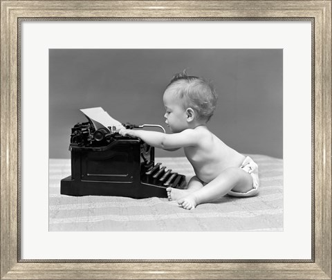 Framed 1940s Baby In Diaper Typing Print