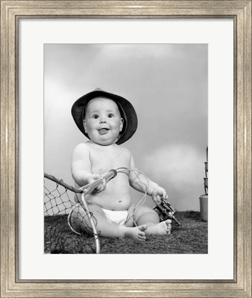 Framed 1960s Baby Girl Wearing Fishing Hat Print