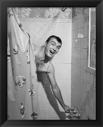 Framed 1950s Man In Shower Print