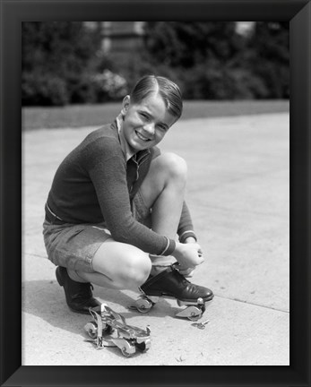 Framed 1930s Smiling Boy Fastening On Metal Roller Skates Print