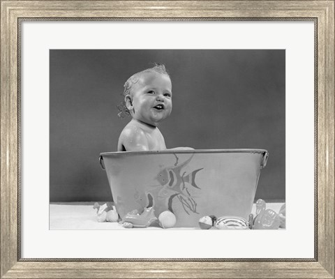 Framed 1940s 1950s Smiling Baby In Bath Tub Studio Indoor Print