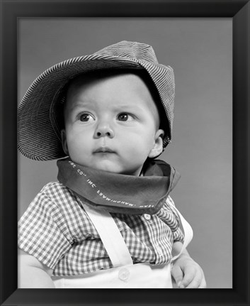 Framed 1950s Baby Head &amp; Shoulders Wearing Railroad Engineer Hat Print