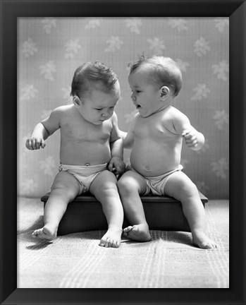 Framed 1930s 1940s Twin Babies Wearing Diapers Together Print