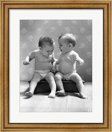 Framed 1930s 1940s Twin Babies Wearing Diapers Together Print