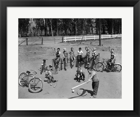 Framed 1950s 10 Neighborhood Boys Playing Sand Lot Baseball Print
