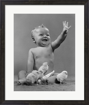 Framed 1950s Laughing Baby Surrounded By Little Baby Chicks Print