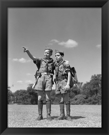 Framed 1950s Two Boy Scouts One Pointing Wearing Hiking Gear Print