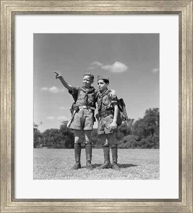 Framed 1950s Two Boy Scouts One Pointing Wearing Hiking Gear Print