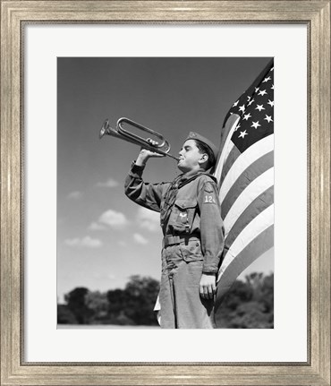 Framed 1950s Boy Scout In Uniform Standing In Front American Flag Print