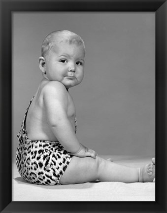 Framed 1960s Grumpy Expression Baby In Leopard Costume Print
