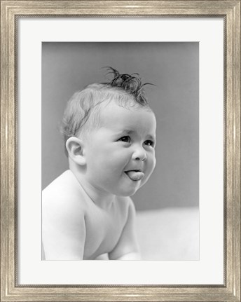 Framed 1940s Cute Baby Sticking Out Tongue Print