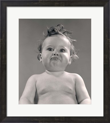 Framed 1950s Portrait Baby With Messy Hair &amp; Pursed Lips Print