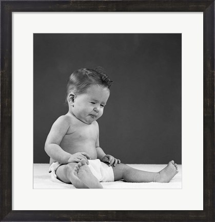 Framed 1950s Baby Sitting Up Wearing Diaper Making Face Print