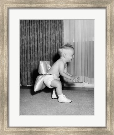 Framed 1950sBaby In Diaper And Shoes Learning To Walk Print