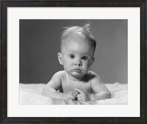 Framed 1960s Baby Lying On Stomach With Messy Hair Print