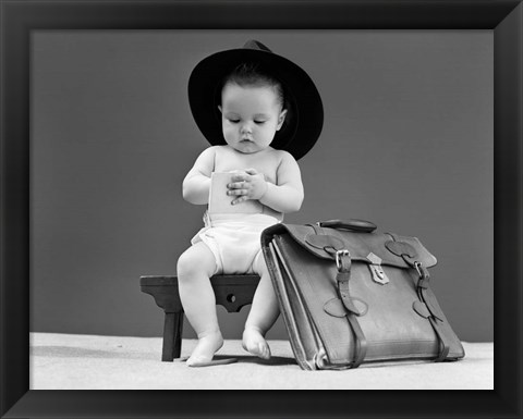 Framed 1940s Baby In Fedora Seated On Stool Print