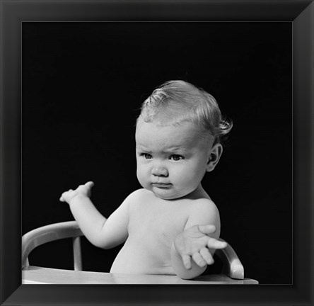 Framed 1930s 1940s Baby In High Chair Making Shrugging Gesture Print
