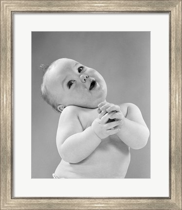 Framed 1950s Baby In Diaper Head To One Side Arms Hands Clasped In Front Print